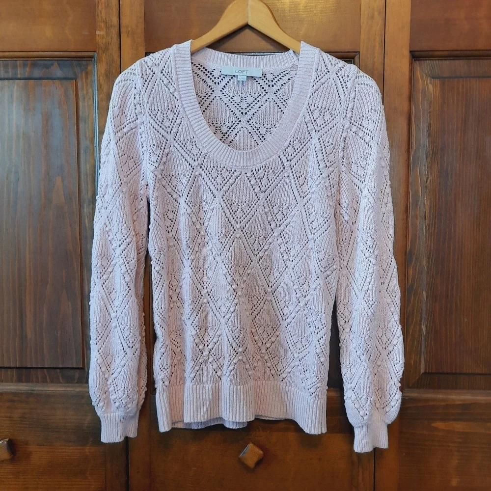 🛍 Loft 100% Cotton Light Pink Knit Pointelle Bobble Sweater Size Medium